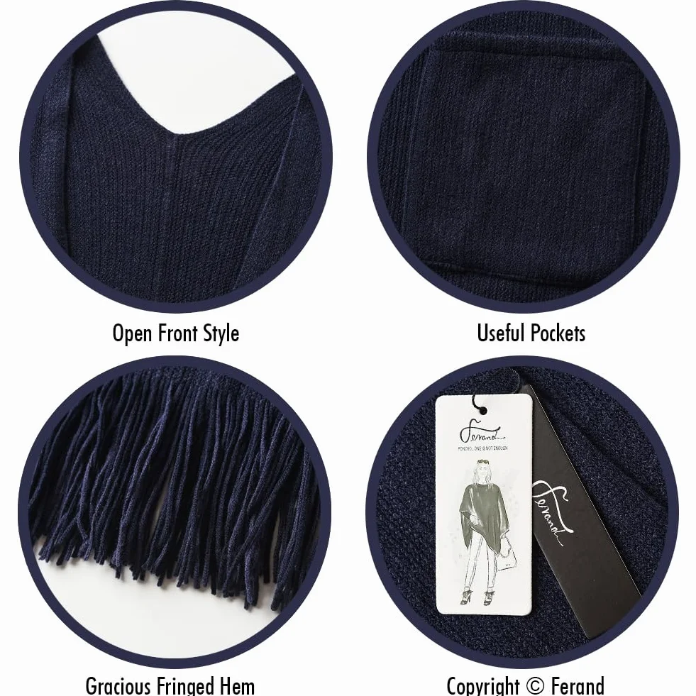 Ferand Damen Poncho mit Offener Vorderseite und Taschen, Weiche Strick Cape mit Fransen für Herbst Winter