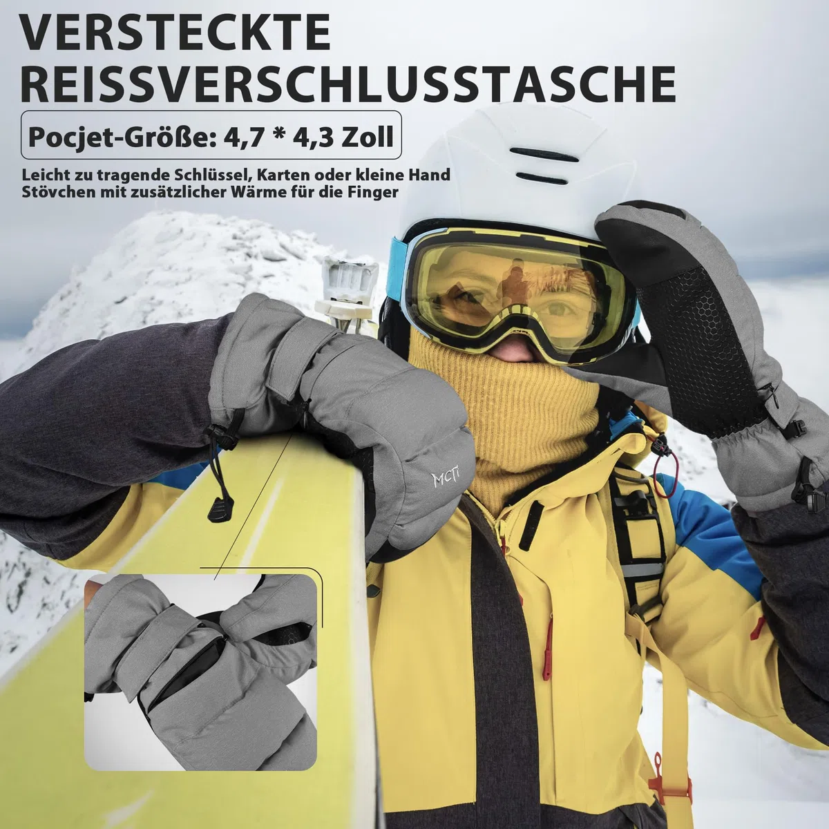 Skihandschuhe Damen Snowboard Fausthandschuhe Touchscreen wasserdichte Winter Warme Fäustlinge mit versteckter Reißverschlusstasche