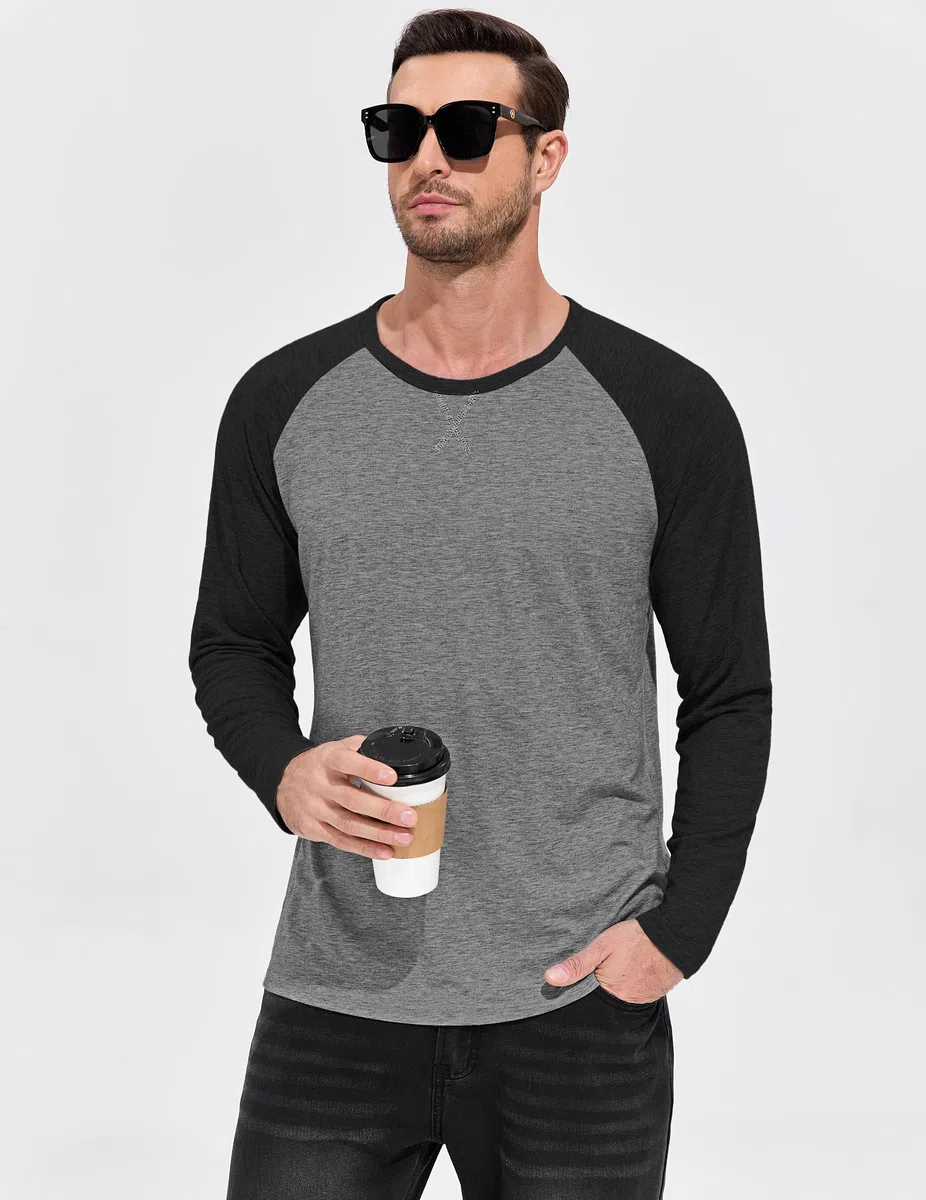 TARAINYA Langarmshirt Herren Baumwolle Rundhals Longsleeve T-Shirt Männer Patchwork mit Ausschnittnäht M-4XL