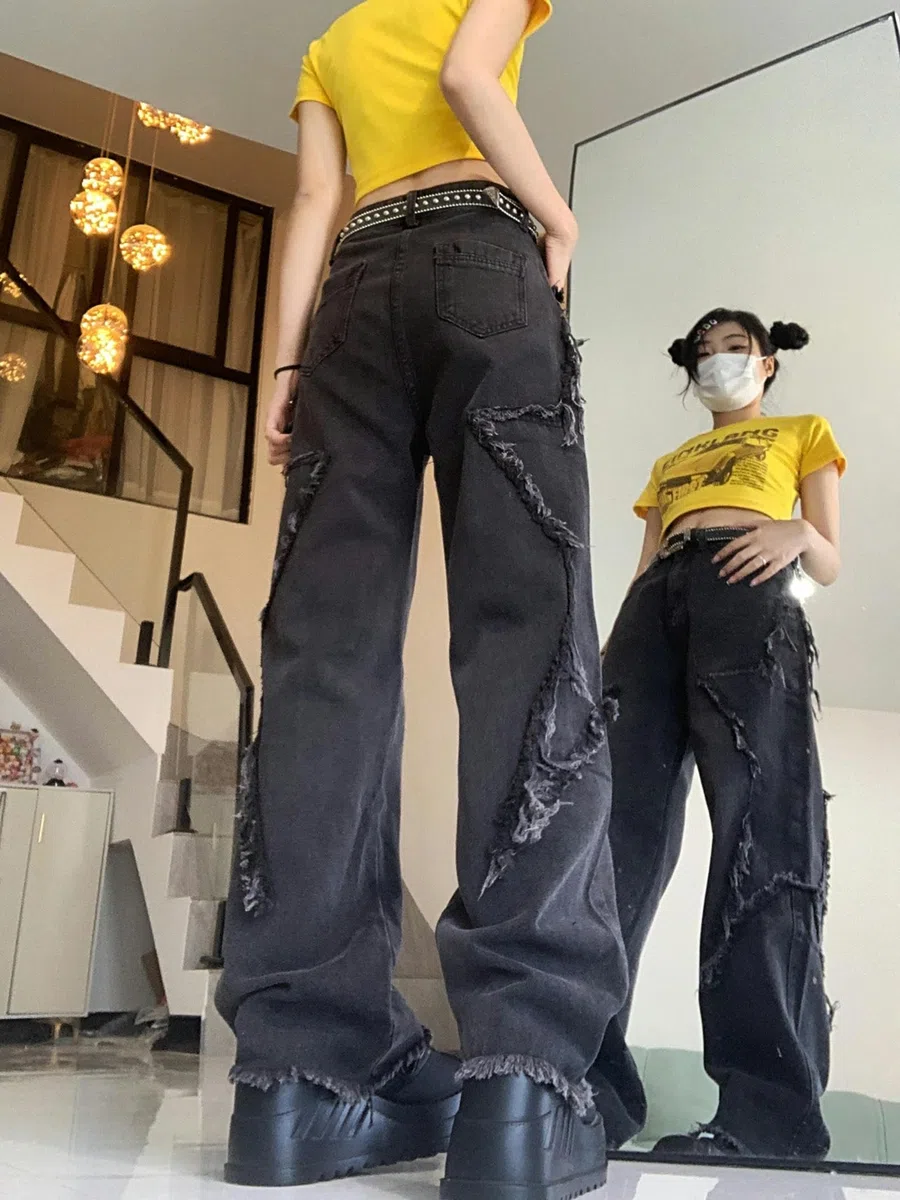 Schwarz Grau Vintage Star Jeans für Frauen Herbst Korsett Casual High Wasit Hosen für Frauen Koreanische Mode Jeans Y2k Streetwear-Schwarz-S