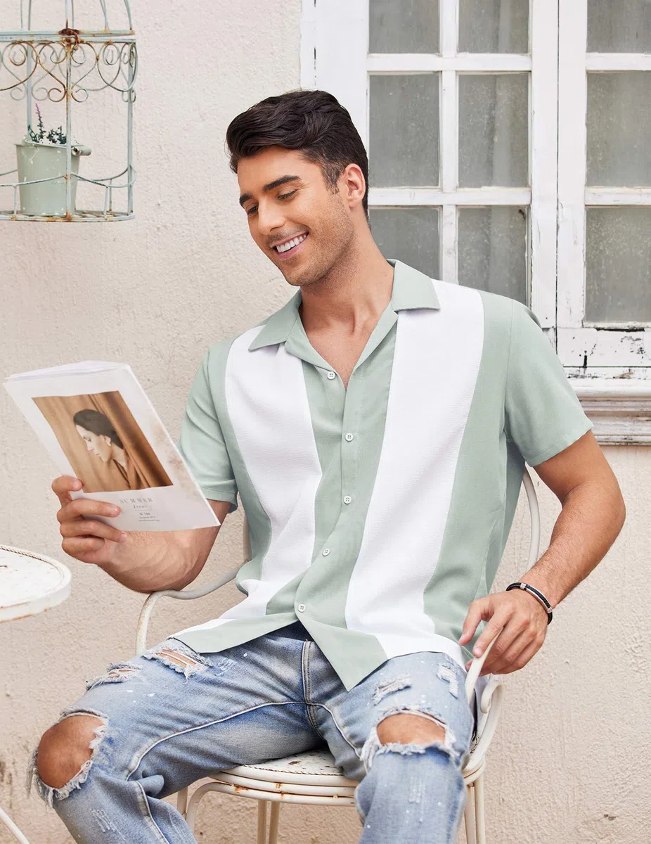 COOFANDY Herren Vintage-Bowlinghemd, Kurzarm, Hemd mit Knopfleiste, Sommer, Kuba, Strandhemd
