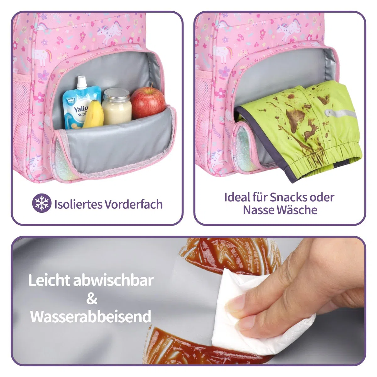 Bagseri Kindergartenrucksack Mädchen 3-5 Jahre, 10L Kinderrucksack mit Brustgurt, Reflektoren & Isolierfach, Ergonomischer Kita Rucksack, Rosa Einhorn