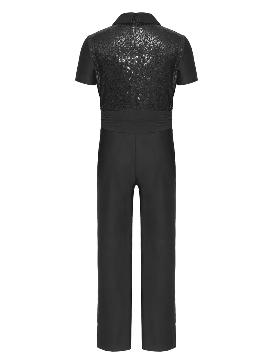 Tanzbody Jungen Latein Kinder Ganzkörper Tanzanzug Pailletten Glitzer Tanzoverall Kurzarm Jumpsuit Reverskragen Tanzhemd Gerades Bein Leggings Dancewear