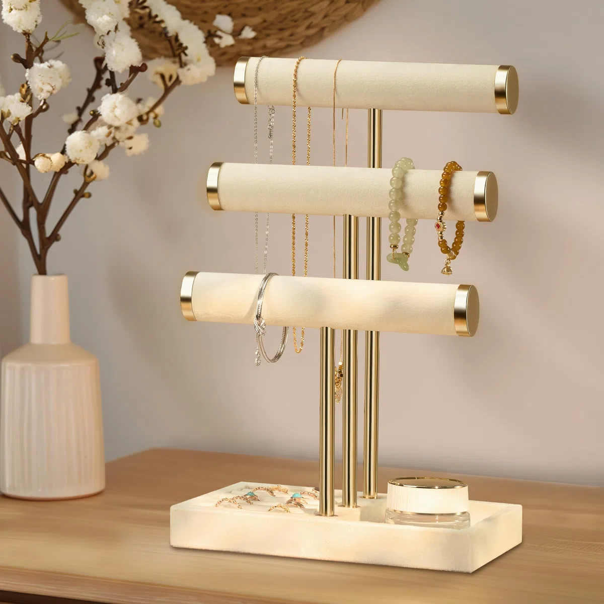 Josmimic Schmuck Organizer mit 3 Ebenen - Beige Schmuckständer Armbänder, Abnehmbarer T-Steg Schmuck Ständer, Samt-Armbandhalter, Schmuckhalter für Armband, Halskette, Uhren, Ringe