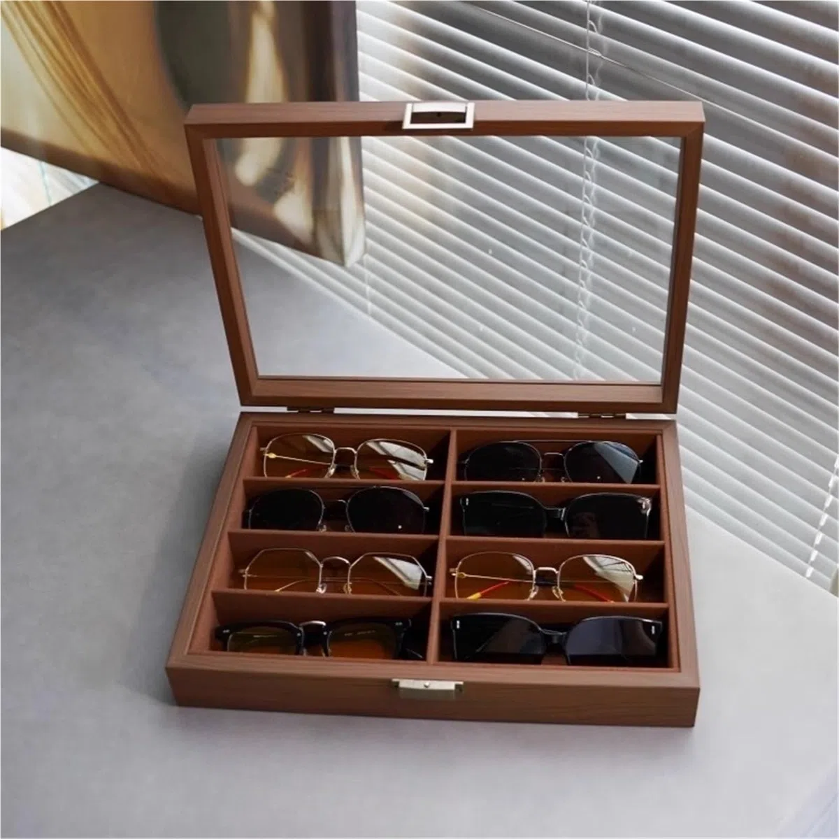 1 Stück Vintage-Brillenetui aus Holz, Sonnenbrillen-Organizer mit 8 Fächern, Sichtfenster-Ausstellungsbox, kratzfester Aufbewahrungsschrank for zu Hause für Brillen