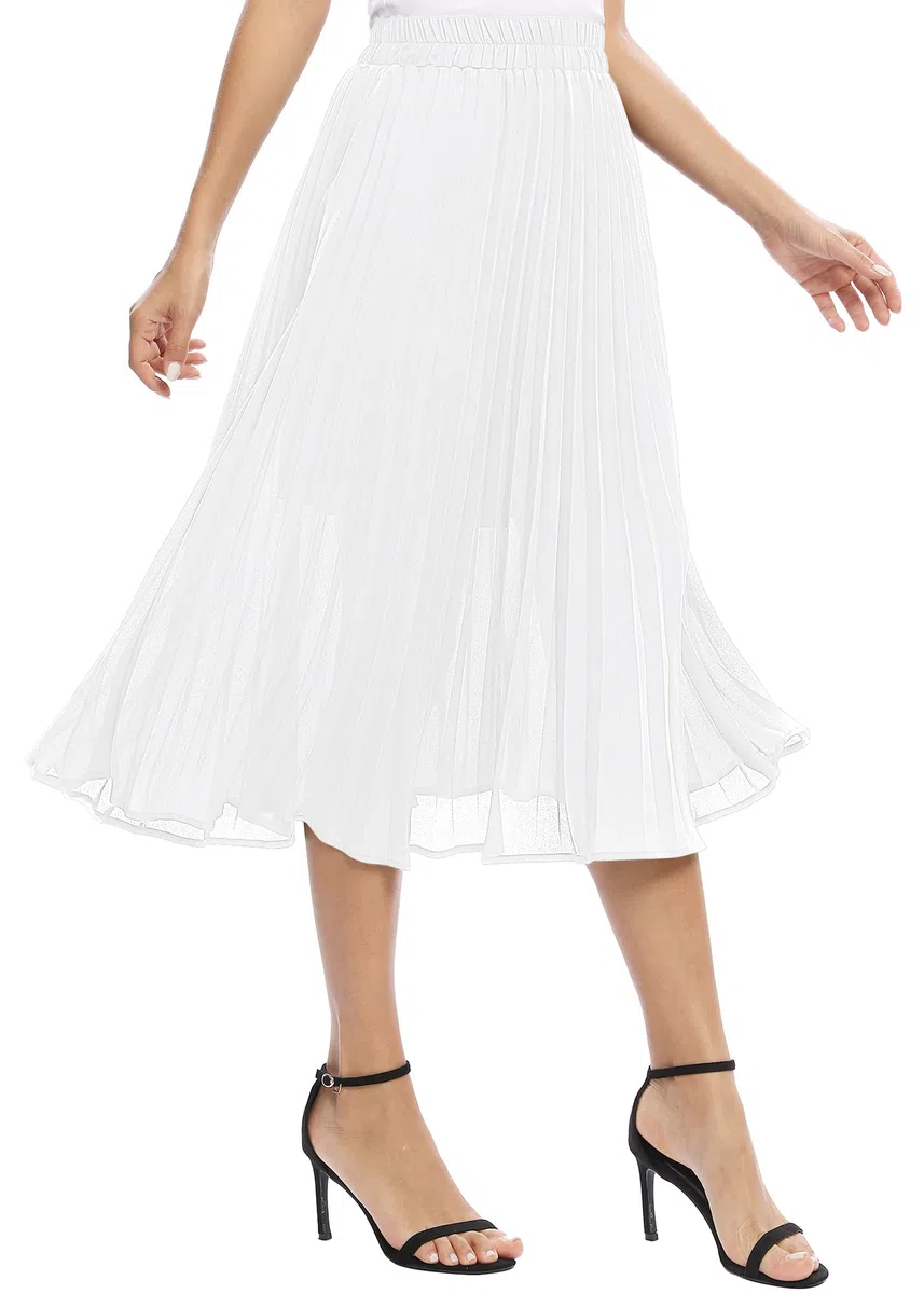 EXCHIC Damen Fließender Chiffon Elastisch Taille Midi Rock Freizeit A-Linie Knielange Falten Rock mit Tasche
