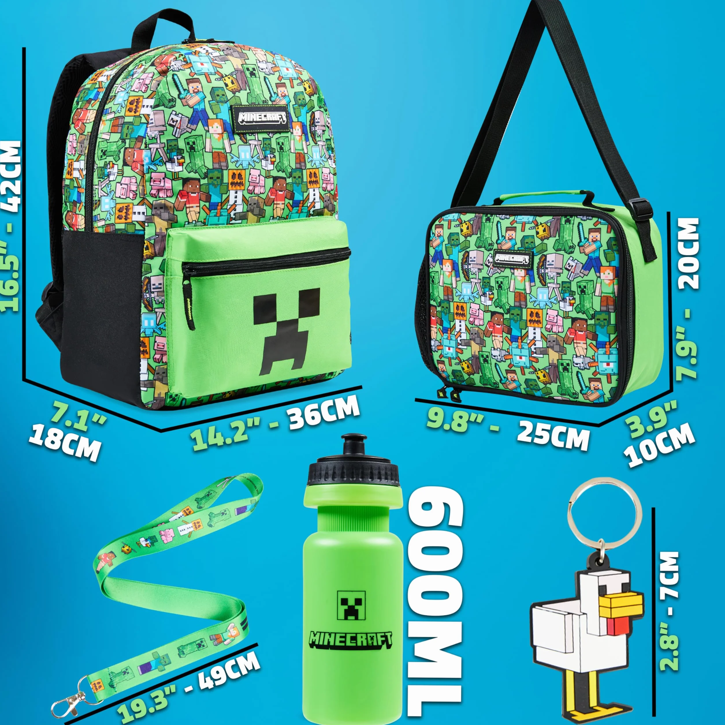 Minecraft Rucksack Kinder 5 Teilige Sets mit Lunchtasche Trinkflasche und Federmäppchen Turnbeutel oder Schlüsselanhänger Lanyard Gamer Geschenks (Grün AOP)