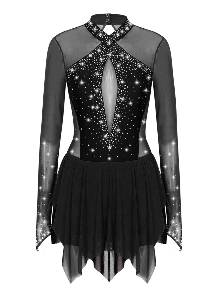 Akrobatin Kostüm Damen Eislaufkleid Langarm Rollschuhkleid Strass Gitzer Tanzkleid Wettbewerb Performance Bekleidung