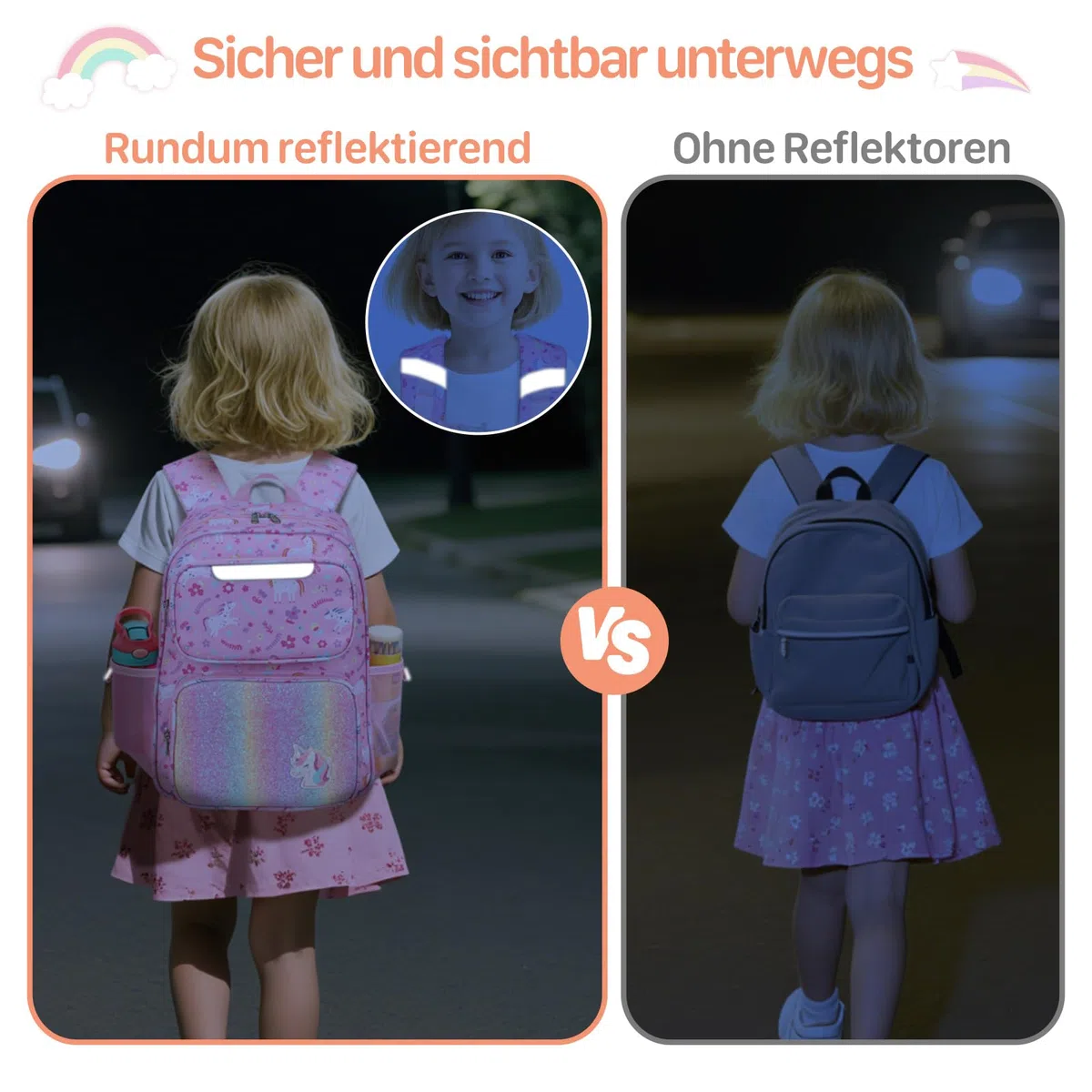 Bagseri Kinderrucksack Mädchen 15L, Leichter Schulrucksack für Vorschule & 1.-2. Klasse, Rucksack mit Brustgurt & Isolierfach, Passend für DIN A4 Schnellhefter, Reflektierend, Rosa Einhorn