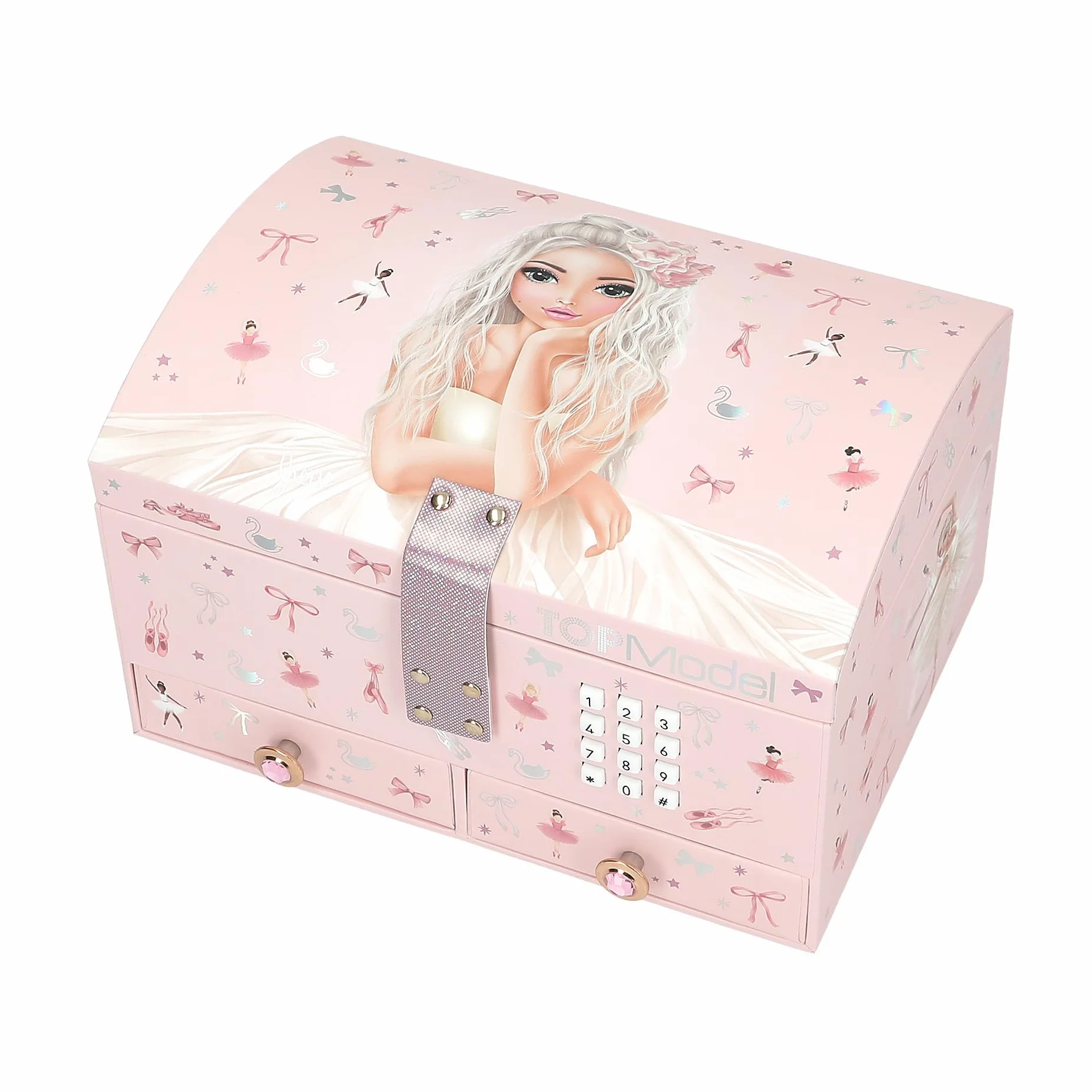 Depesche 13239 TOPModel Ballet - Großes Schmuckkästchen in Rosa, mit Model Motiv und bunten Details, Schmuckbox mit Code, Sound und Spiegel