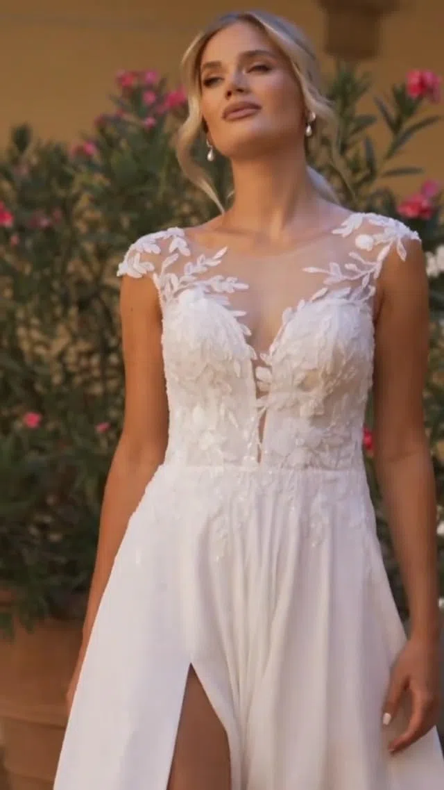 HUINI Brautkleid Standesamt Hochzeitskleid Chiffon Boho Spitzen Lang Strand Brautmode Kleid