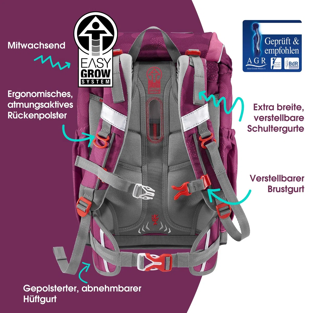 Step by Step Giant Schulranzen-Set, 5-teilig, ergonomischer Tornister mit Reflektoren, höhenverstellbar mit Hüft- und Brustgurt, ab der 1. Klasse, 23 Liter