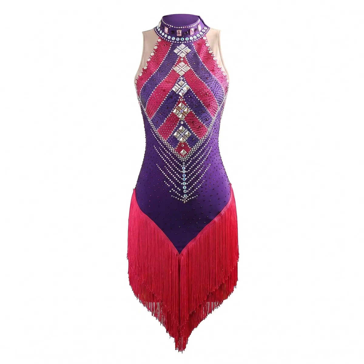 Latein Tanzkleid für Damen, Tanzkleid mit Fransen und Pailletten, Glitzerndes Tanzkostüm für Salsa, Tango, Samba, Turniertanz und Showtanz
