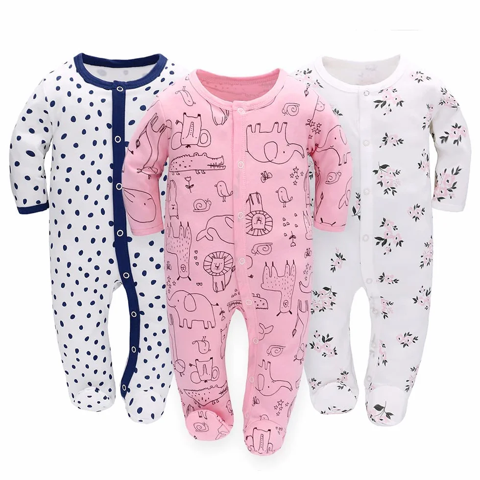 3PCS Baby Schlafstrampler Babychlafanzug Babyschlafsack Baumwolle mit Füßen mit knöpfen Gr. 56 62 68 für Junge Mädchen Neugborenen