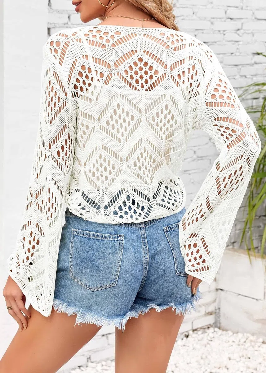 Saodimallsu Damen Sommer Strickjacke V Ausschnitt Boho Tops Oversized Langarm Ärmel Strickpullover Sexy Crochet Cardigan Strand Bikini Cover Up