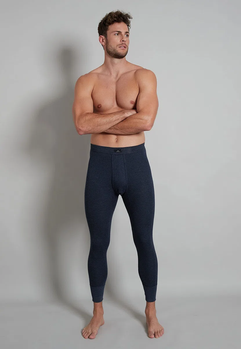 Götzburg Herren Premium lange Unterhose, Baumwolle, Feinripp, blau, gestreift, mit Bündchen, mit Eingriff