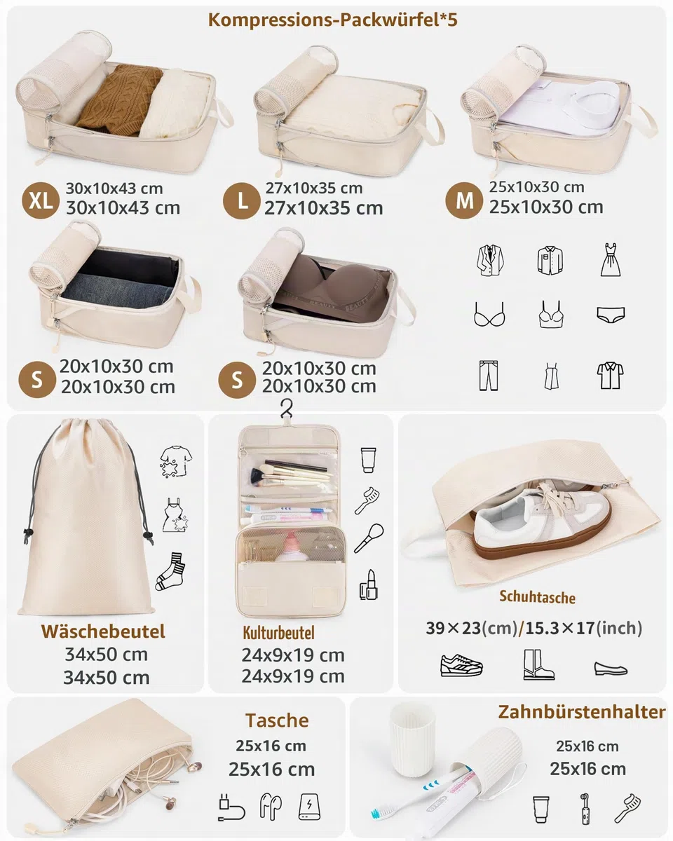 Anjing Packing Cubes Compression - 10-teiliges, Koffer Organizer Set mit Kompression, Komprimierbaren Packwürfeln zur Organisation, Packwürfel für Koffer, Beige