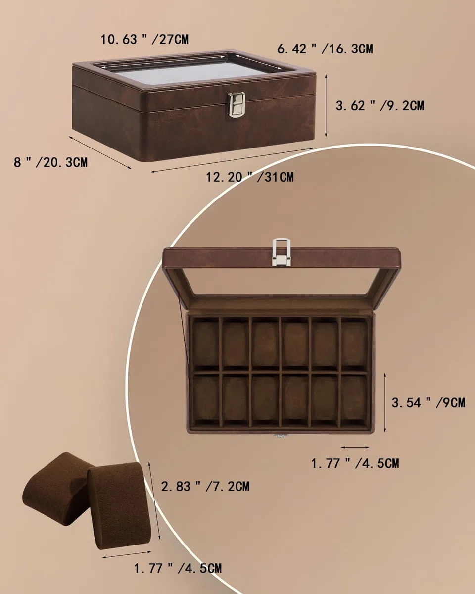 Uhrenbox mit 12 Fächern, Uhrenkasten mit Glasdeckel, Watch Box mit herausnehmbarer Unterlage, Metallverschluss, Geschenk, Braunes Kunstleder, Braunes Innenfutter