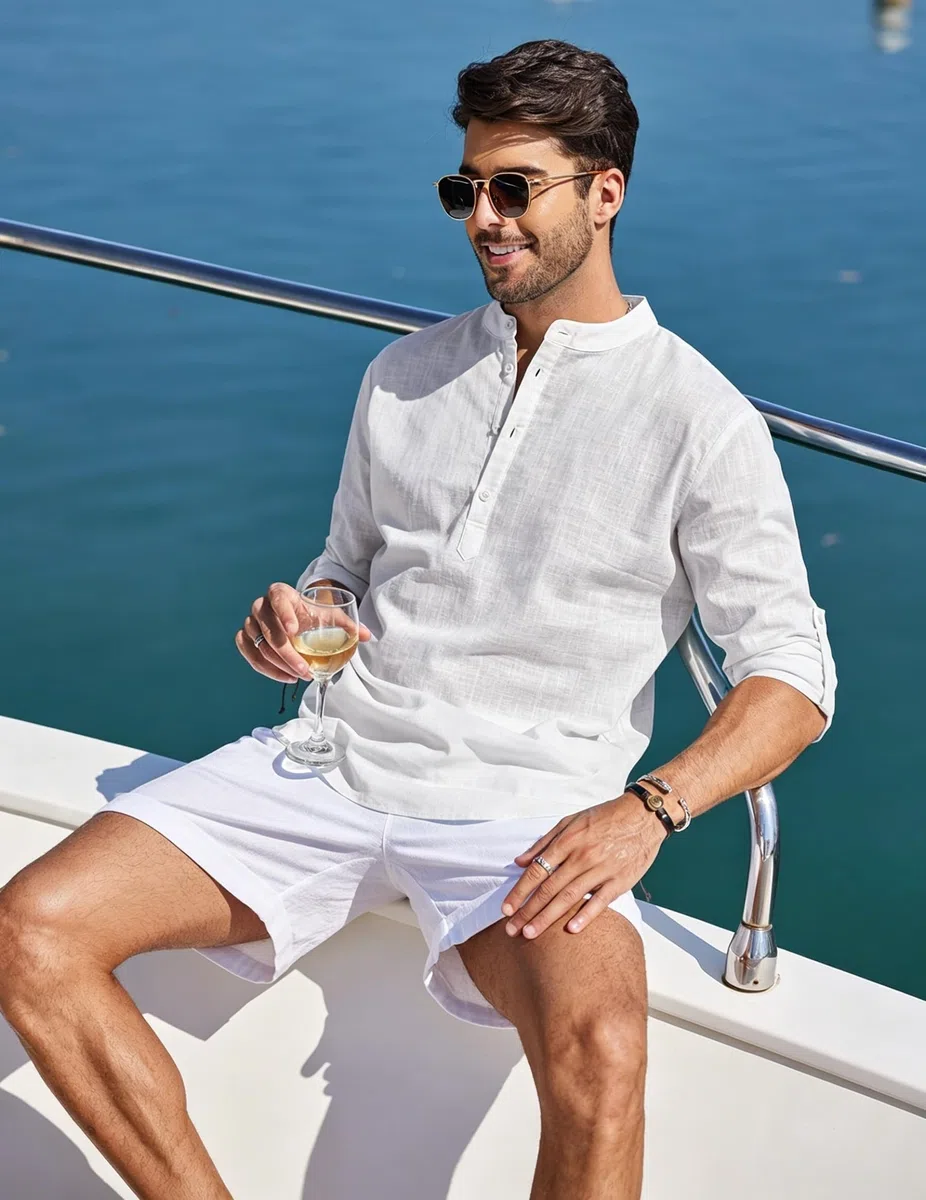 Cegerne Leinenhemd Herren Hemd Langarm Sommerhemd Freizeithemd Casual Henley Shirts für Urlaub Strand