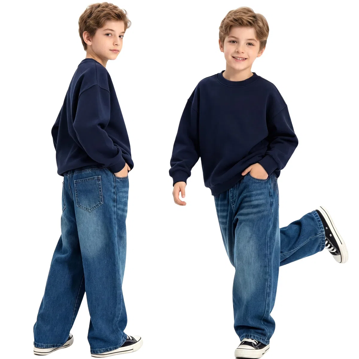 Jeans Jungen Kinder Gerade Baggy Jeanshose Loose Fit Denim mit Elastischem Bund Relaxed Denimhose Lässige Blau Hosen Mode Stretch Breite Streetwear Pants für 5-14 Jahre, Gr.116-164