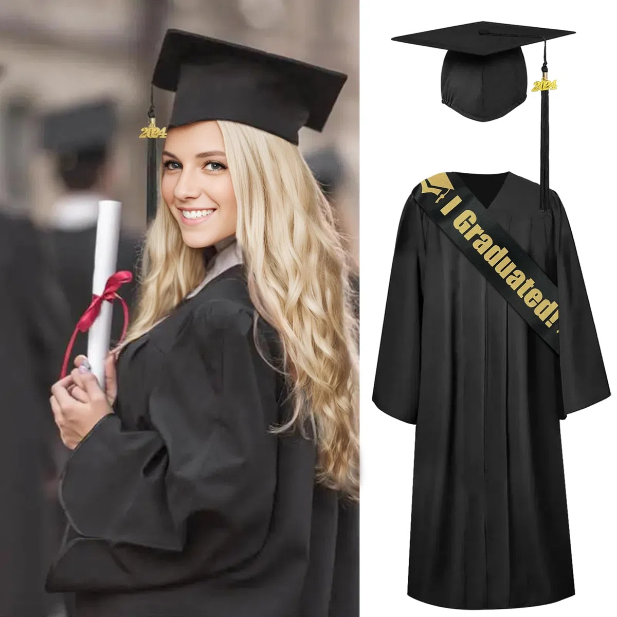 Amycute Abschluss Talar mit Hut, Schwarz Robe, Unisex Graduation Robe, Hut, Akademischer Talar, Uni Kleid, Doktorhut, Quaste 2025 für Abschlussfeier.