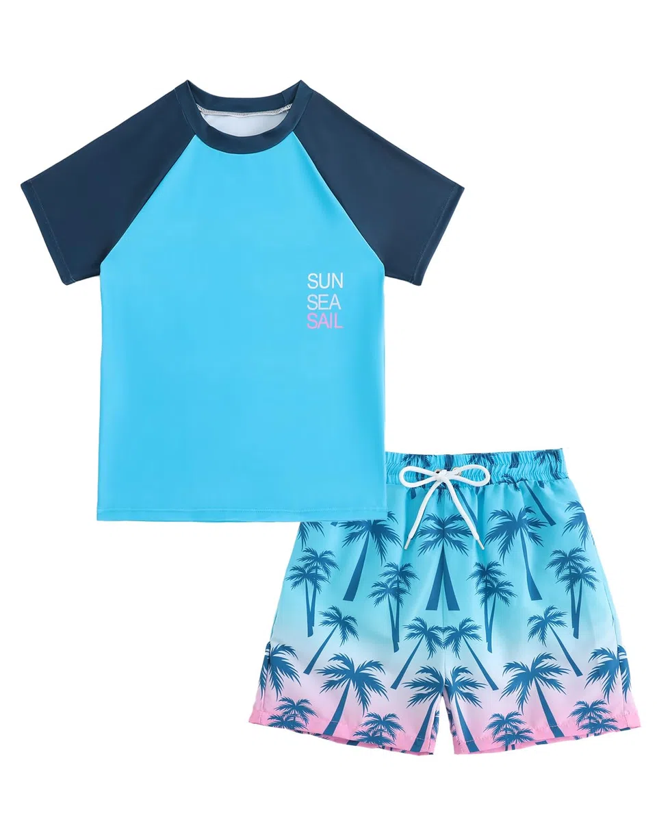 UV Badebekleidung Junge Set Gr 110-158, Zweiteiliger UPF 50+ Schwimmanzug Kinder mit Badeshirt UV Kinder & Badehose Jungen, Teen UV Shirt Hawaii, Blau-Rosa 9-10 Jahre/134-140