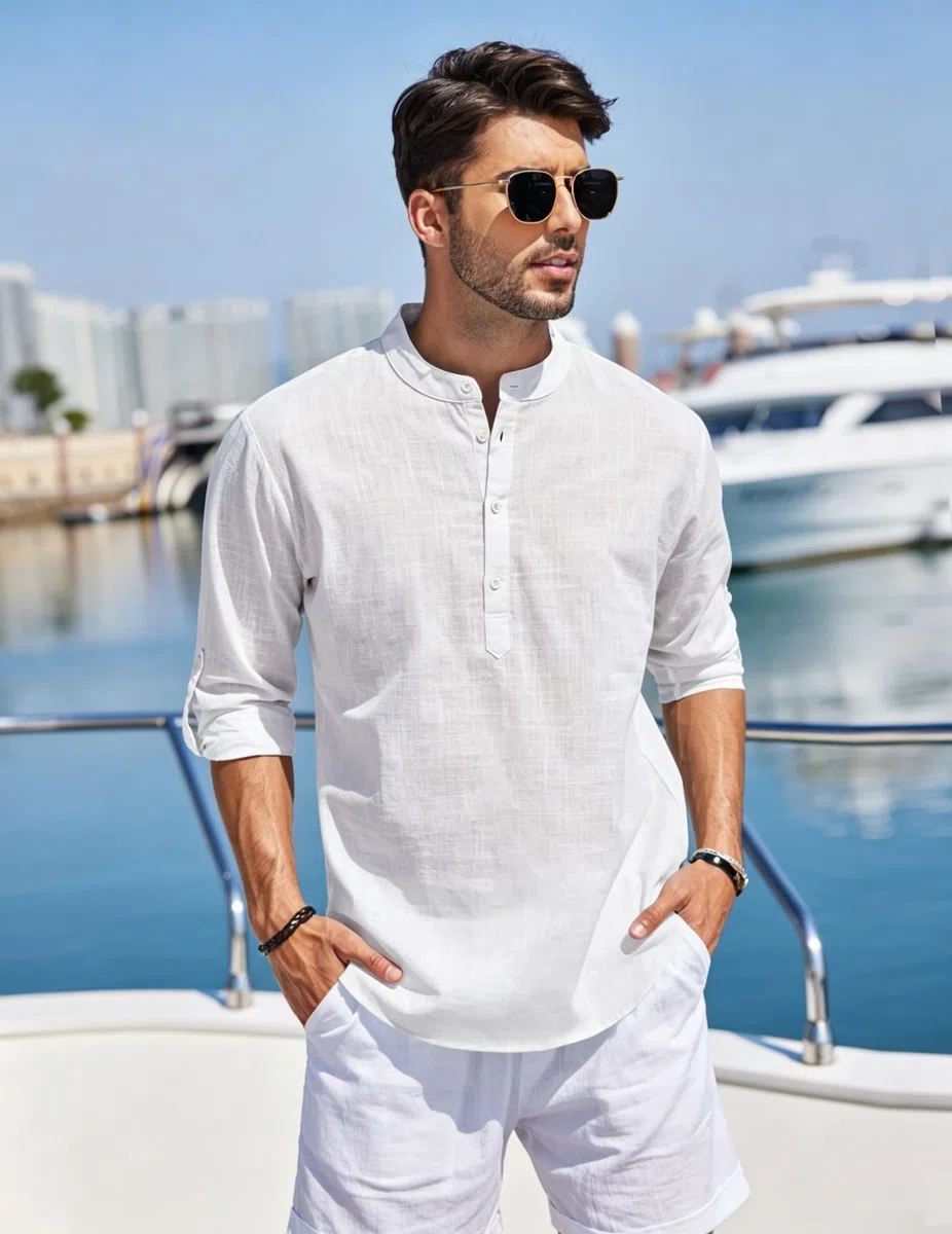 Cegerne Leinenhemd Herren Hemd Langarm Sommerhemd Freizeithemd Casual Henley Shirts für Urlaub Strand