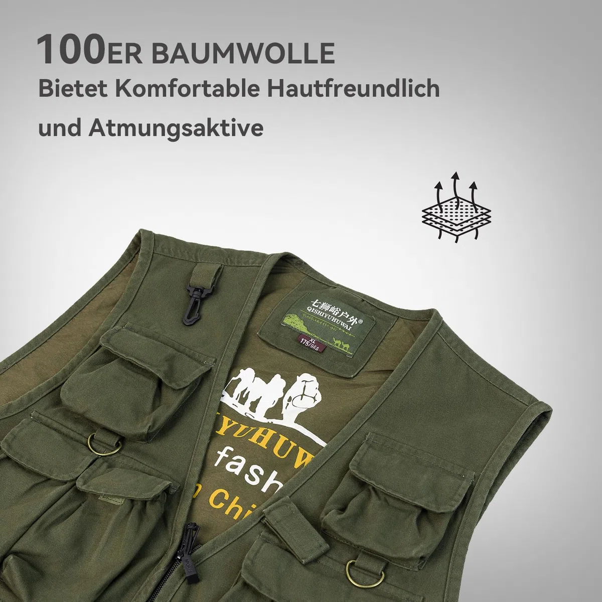 Herren Outdoor Weste mit Vielen Taschen Jagdweste Anglerweste Multifunktionsweste Arbeitsweste Baumwolle Safari Weste Fischerweste mit Reißverschluss