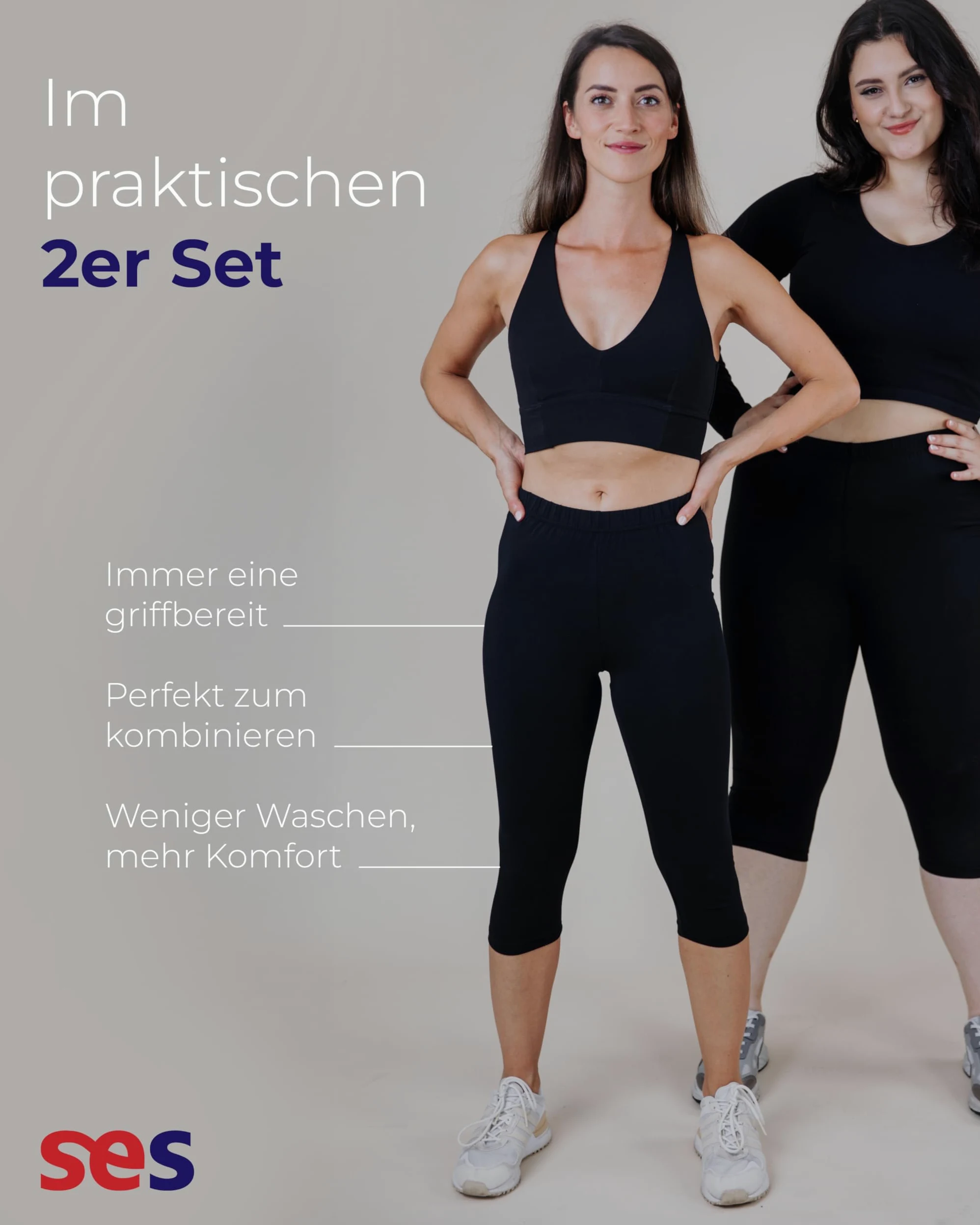 SES Capri Leggings Damen 3/4 Lang - 2er Pack 32-34 bis 56-58 - blickdichte & elastische Capri-Leggings mit weichem Bund & Perfekter Passform - Baumwolle mit Elasthan