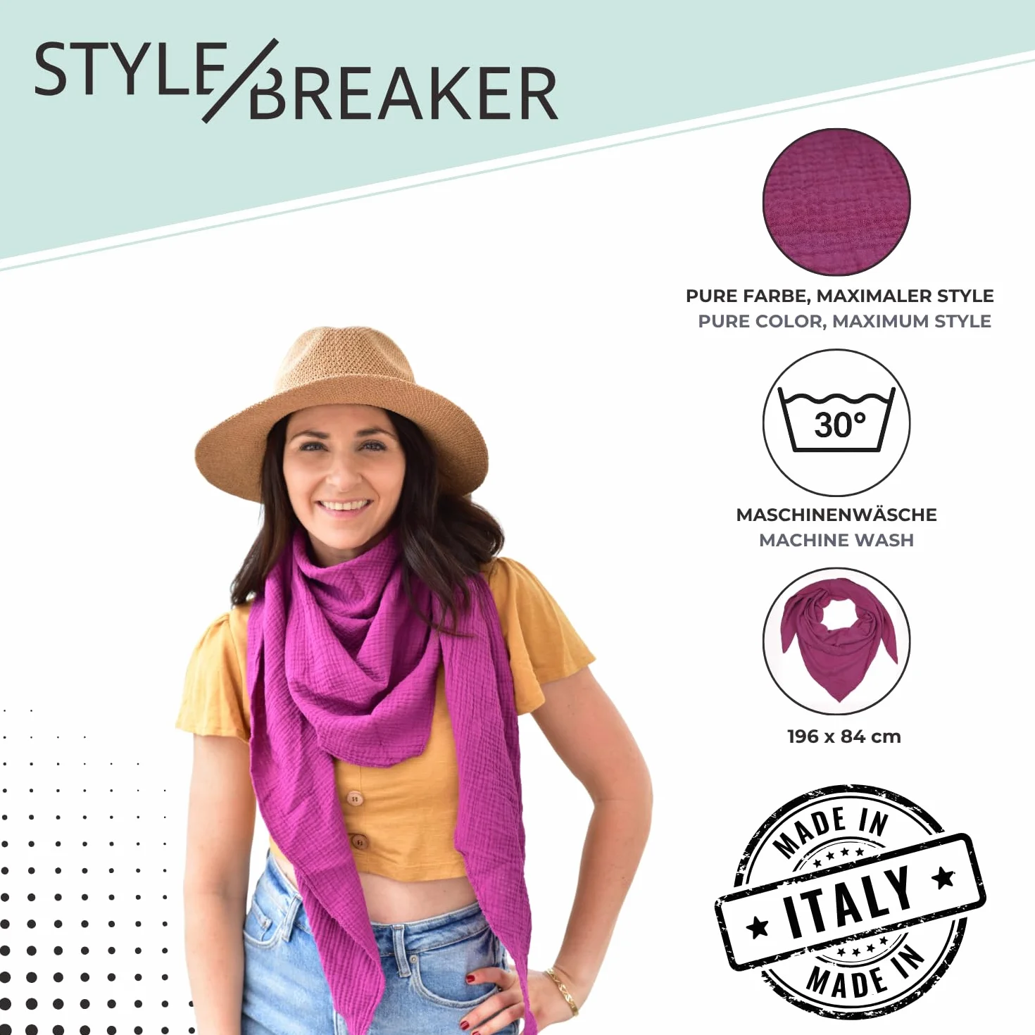 styleBREAKER Damen Musselin Dreieckstuch aus 100% Baumwolle | Weiches und leichtes Halstuch für Damen Unifarben | Stylisches Tuch für jede Jahreszeit - Made in Italy, 196 x 84 cm