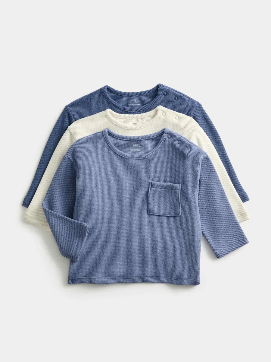 Marks & Spencer 3er-Pack Baby Gebürstete Waffel-Tops – Regular Fit – Lange Ärmel – Mit Stretch