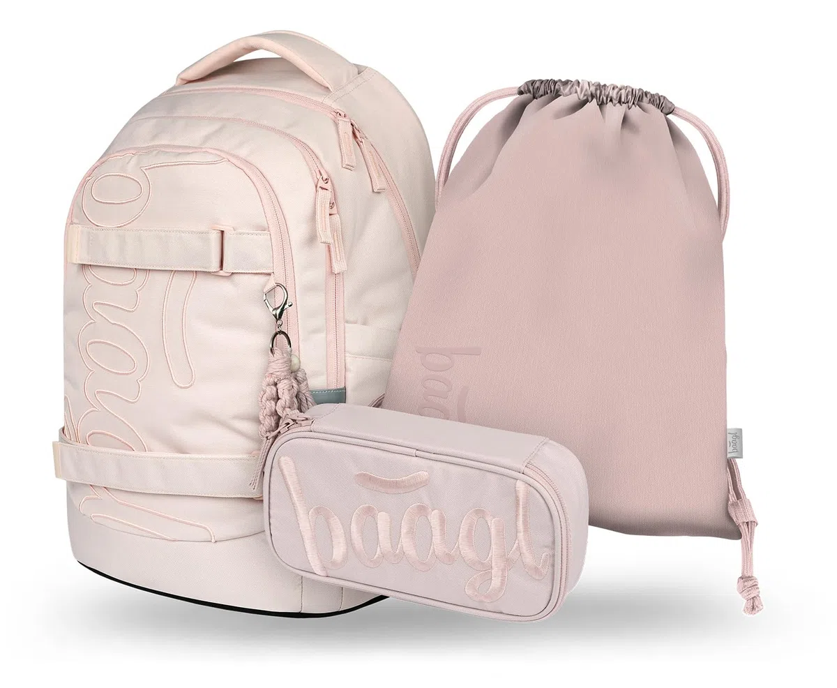 Baagl Schulrucksack Set Jungen Mädchen Teenager 3 Teilig, Skateboard Rucksack Skate MAX, Schultasche ab 3. Klasse, Grundschule Ranzen mit Brustgurt, Ergonomischer Schulranzen, 30 l (Creamy)