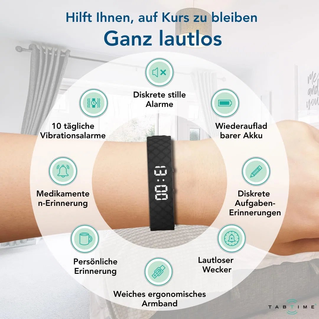 TabTime Vibrationsalarm Erinnerung Uhr (Anleitung auf Deutsch) – bis zu 10 persönliche Alarme oder Pillenerinnerungen pro Tag
