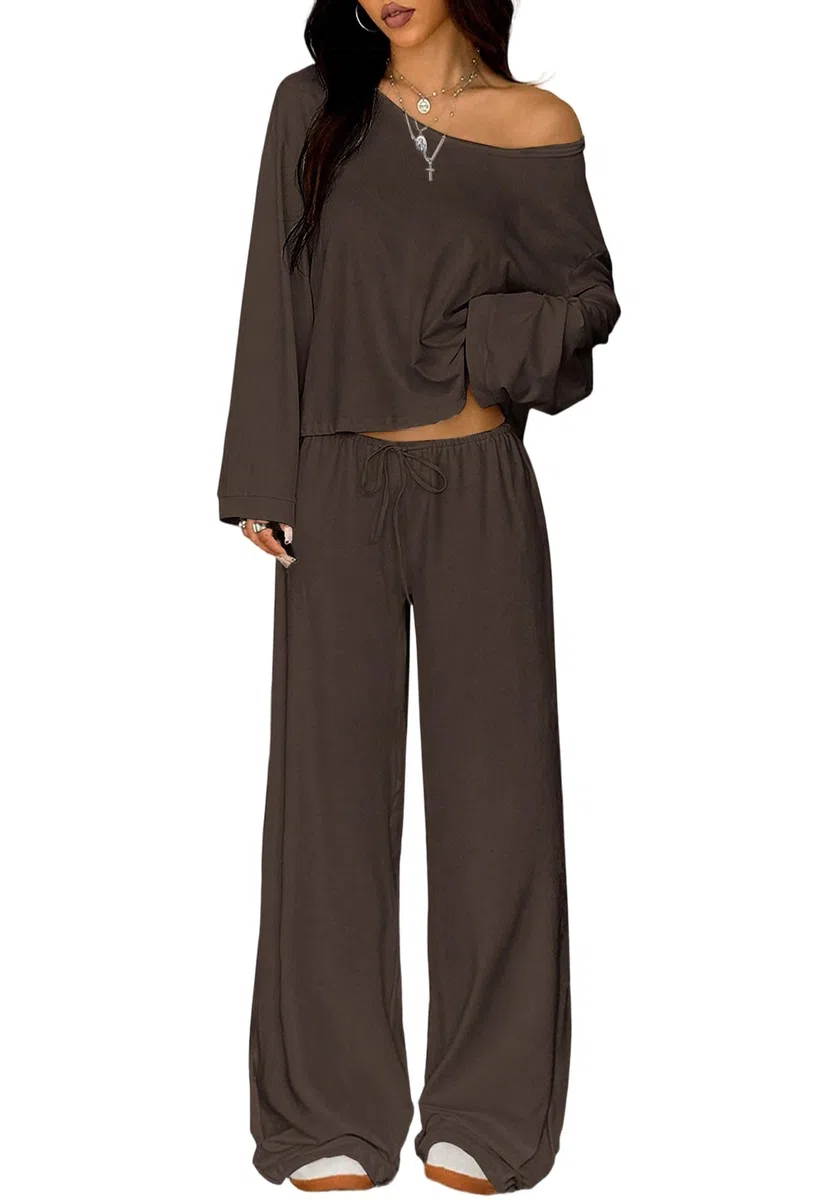 Damen Zweiteiler Lounge Set mit Langarm-Top und Weitbein-Hose, Loungewear Damen, Schulterfrei, Weich und Dehnbar