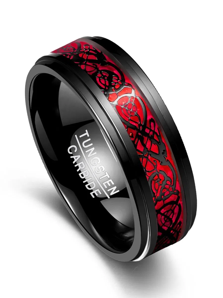 VAKKI Herrenring 8mm Schwarz Wolfram Ring Keltische Drachen-Eheringe mit Opalpapier/Kohlefaser für Männer Größe 49.3(15.7)-74.8(23.8)