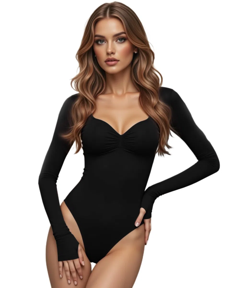 Damen Bodysuit mit Quadratischem V-Ausschnitt, Sexy Oberteile Mode Langarm Going Out Tops Stretchy Körper Anzug