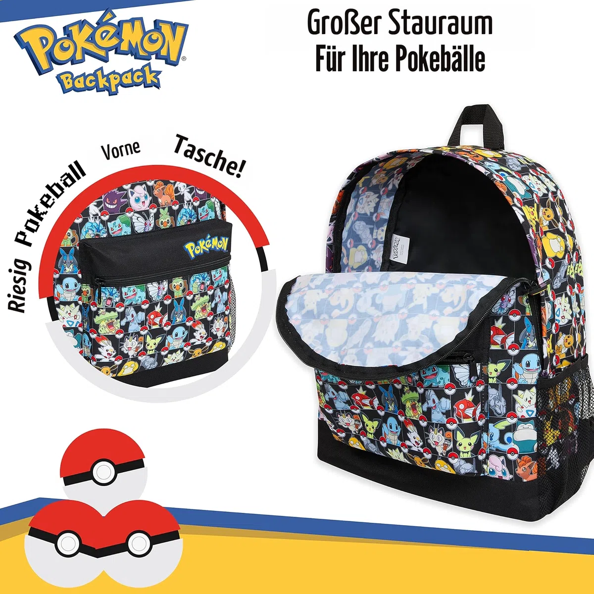 Pokemon Rucksack Kinder Teenager Lässig Schulranzen Pikachu Pokeball Kinderrucksack für Schule Sport Kita Reise Freizeit Anime Geschenk