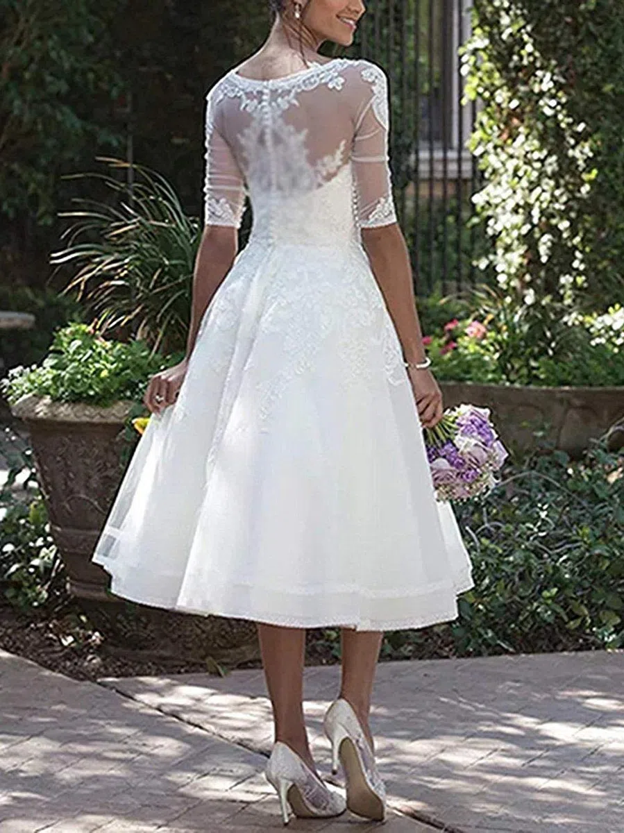 JAEDEN Vintage Brautkleider Hochzeitskleider Damen Knielang Spitze Standesamtkleider mit Ärmel