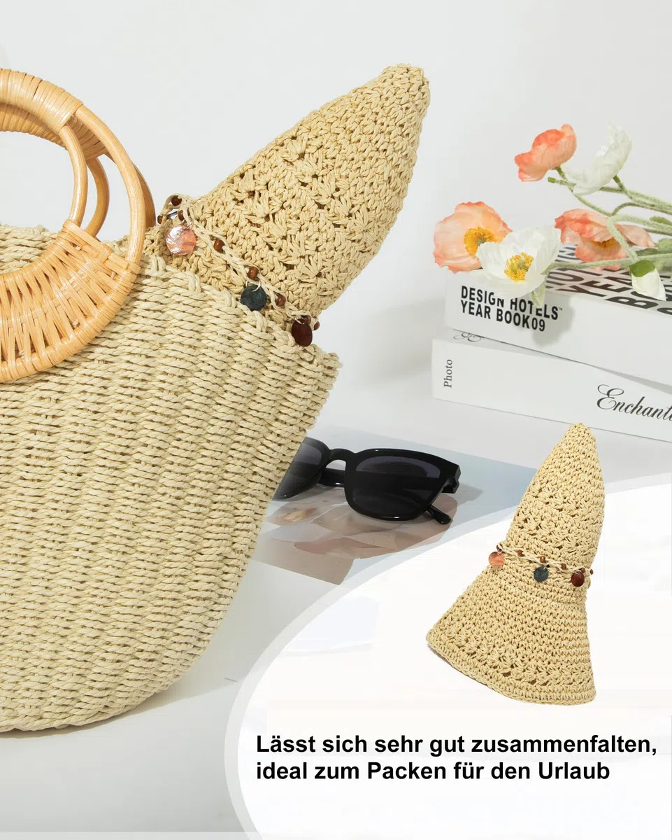 Comhats Sonnenhut Damen Sommer Strohhut Faltbar Handgemachter Strandhut UV-Schutz