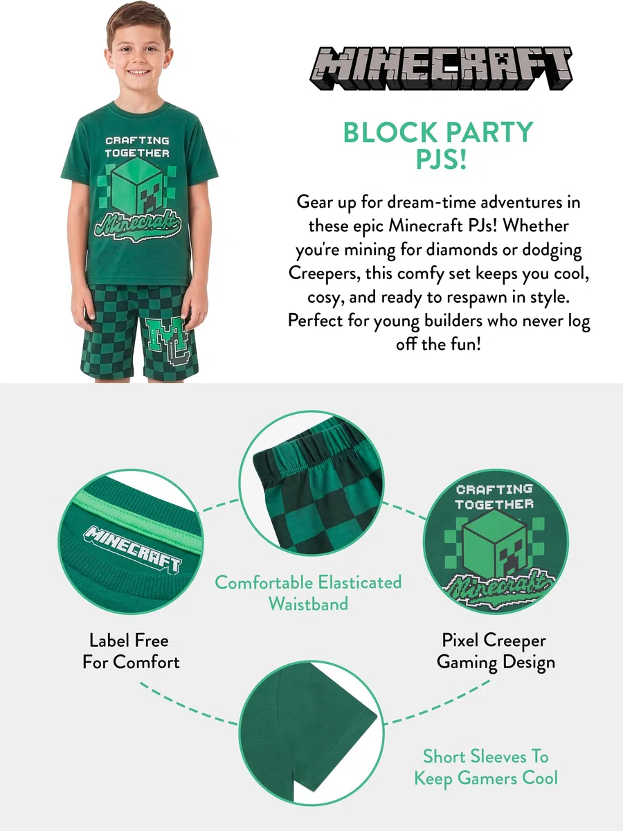 Minecraft Schlafanzug Jungen, Kurzarm Pyjama Kinder, Creeper Schlafanzug Kinder Jungen