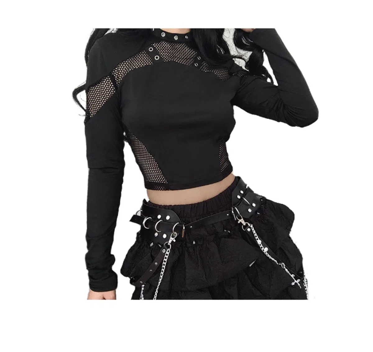 Gothic Schwarz Crop Top Chic Durchsichtiges Mesh Patchwork Volle Ärmel Dünnes Basic T-Shirt Frauen Punk Stil Genähte T-Shirts