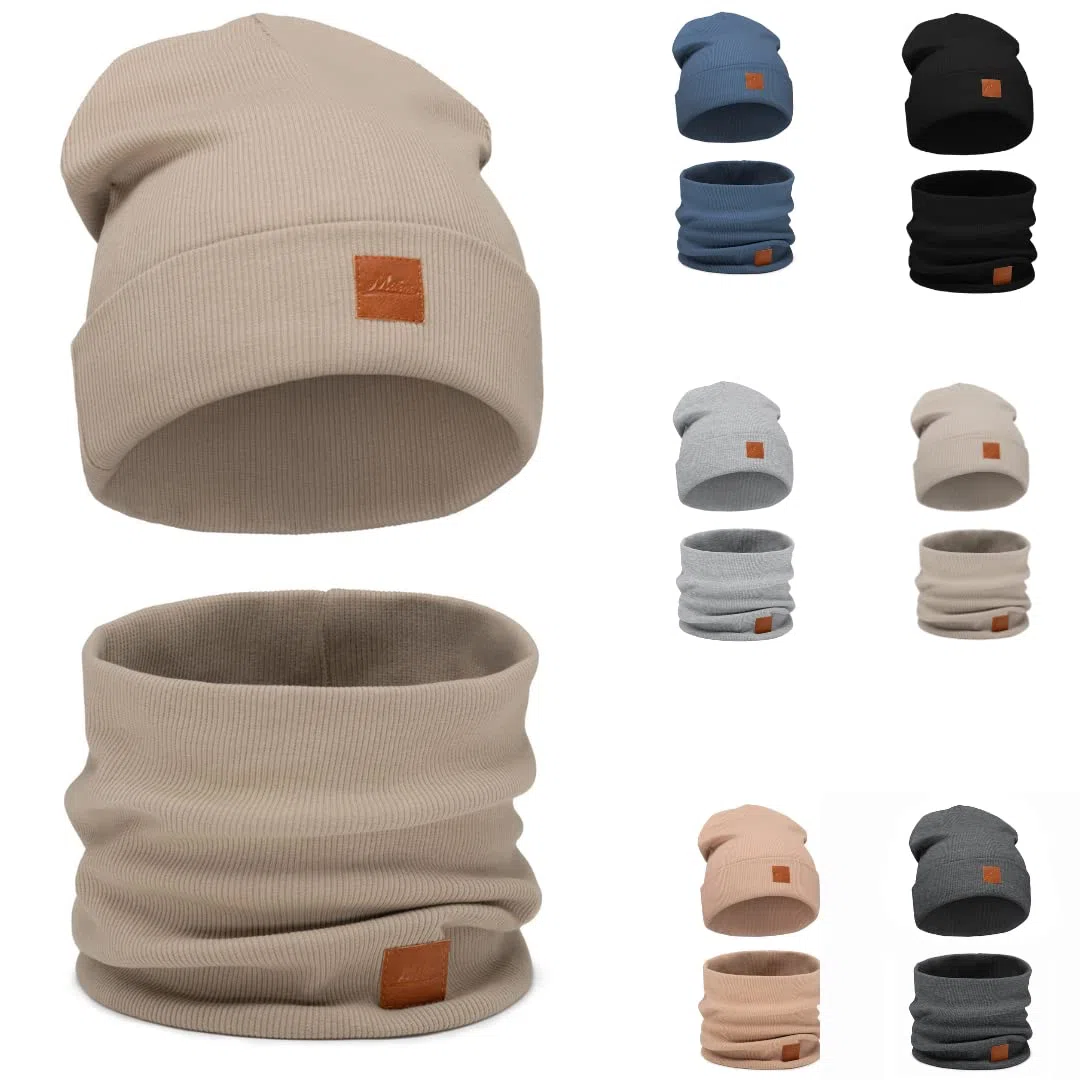 Mikos* Damen Set Mütze & Loop Baumwolle Long Beanie Hut mit Schal-Loop Herbst Winter Tolles Warm, Stretchy Elastischer, Wintermütze Junge-n Mädchen Streetwear 703
