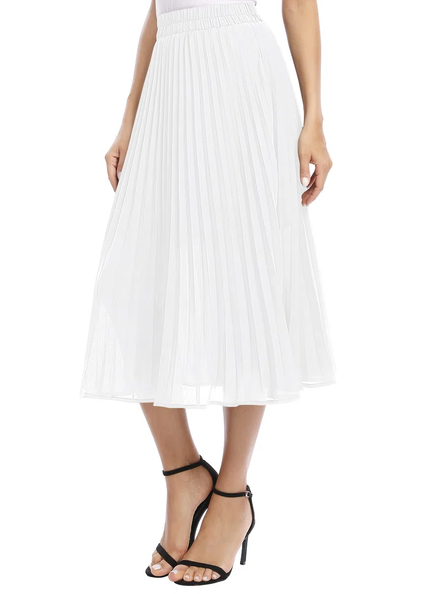 EXCHIC Damen Fließender Chiffon Elastisch Taille Midi Rock Freizeit A-Linie Knielange Falten Rock mit Tasche