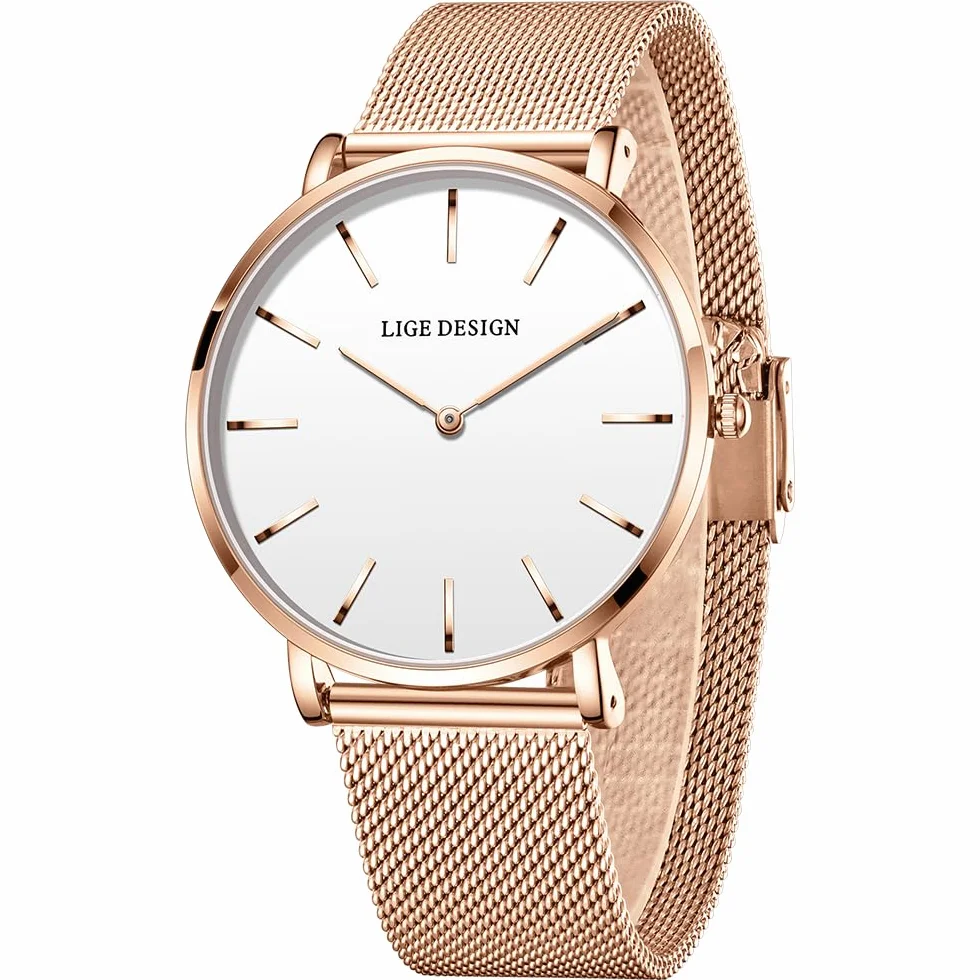 LIGE Uhr Damen, Analog Quarz Armbanduhr Damen, Ultradünn Großes Zifferblatt, Edelstahl Wasserdicht, Damenuhr Fur klassischen Modischen Schlicht Stil