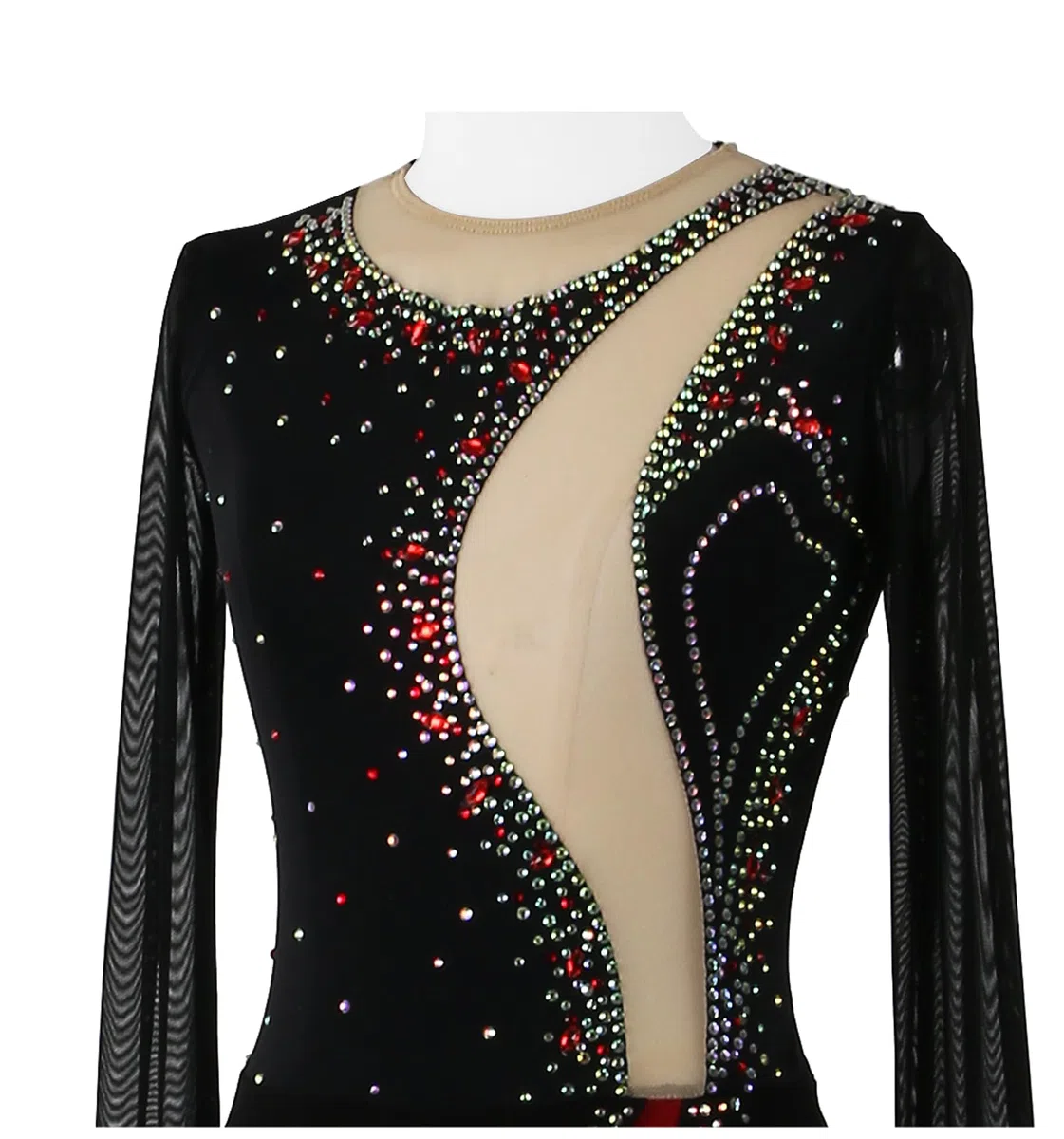 Damen Kürkleider Eiskunstlauf Kleid Mädchen Schwarz Rot Mesh Langarm Strass Kürkleid Rollkunstlauf Kinder Tanzanzug