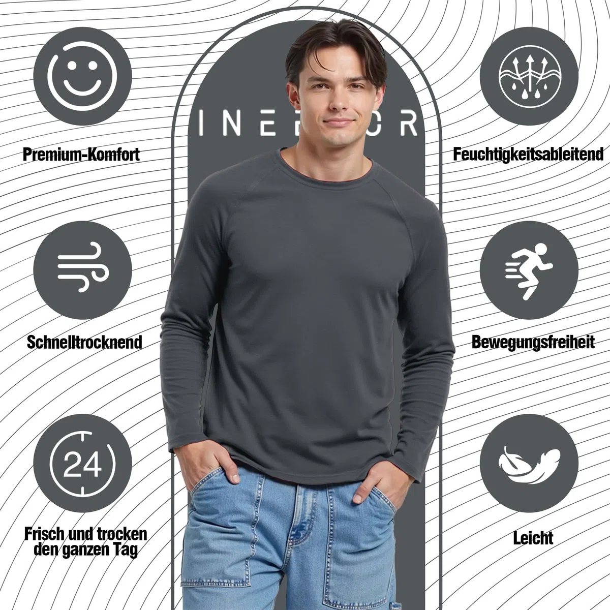 ineepor Merino Shirt Herren Langarm Thermounterwäsche Langarmshirt Thermo Unterwäsche Oberteile Atmungsaktiv Wandershirt Sportshirt UV Schnelltrocknend Longsleeve Funktionsshirt, Gym Fitness Trekking