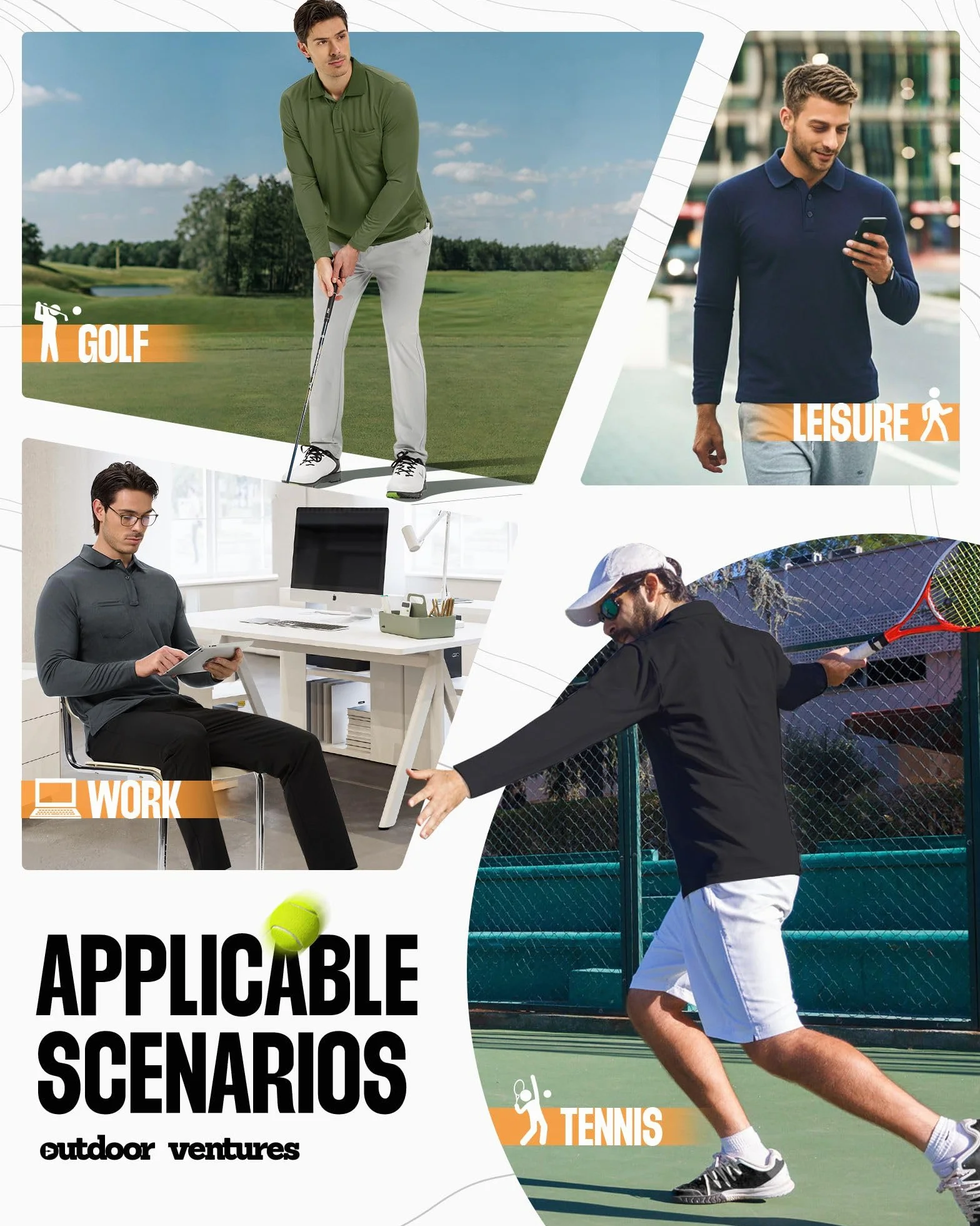 Outdoor Ventures Herren Poloshirt Langarm UPF50+ Sonnenschutz UV Schutz Polohemd Golf Sports T Shirts für Männer Leichtes Atmungsaktiv Poloshirts Casual Polo Tops zum Tennis