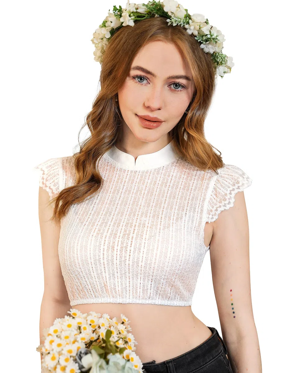 DIRNDLSTERN Bluse Damen Weiß - Dirndlbluse Spitze Dirndlblusen Hochgeschlossen Flügelärmel Trachtenblusen Vertikale Streifen Elegant