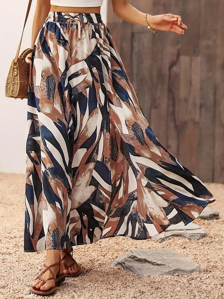 Rock Damen Lang Elegant Röcke Bedruckter Maxirock Sommerrock mit Schlitz A Linie Sommer Maxi Skirt Elastische High Waist Strandrock Freizeitrock