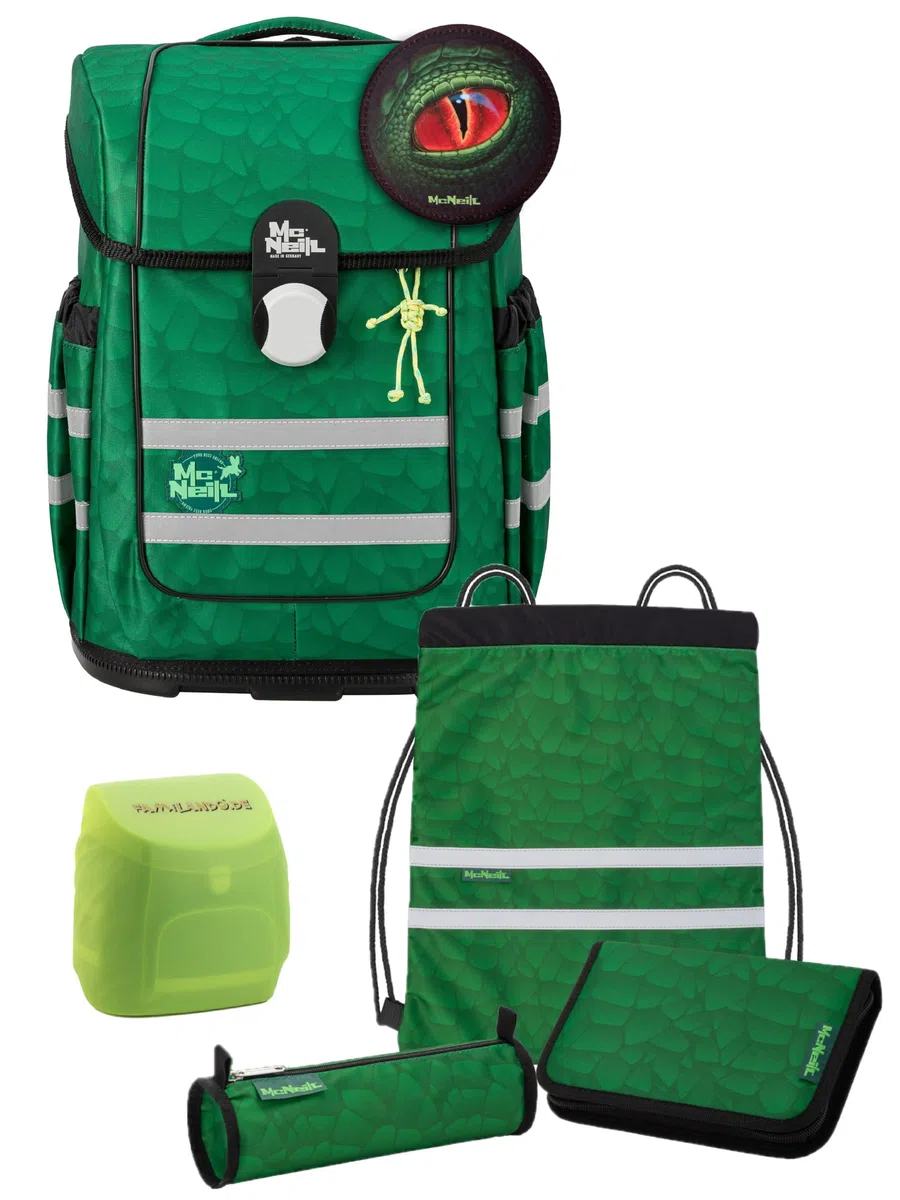 Familando - McNeill Ergo Complete Schulranzen Set - 6-teilig - Dinosaurier - Ergonomisch & 3-Fach verstellbar - 1150g leicht mit 20L Volumen - aus recyceltem Ocean Plastic